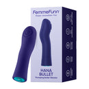 Femme Funn Hana Bullet Thumping Vibrator Purple next to its packaging, showcasing a sleek design and features.