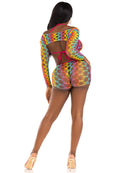 Leg Avenue 3 Pc Net Bra Top With Shrug and Boy Shorts in rainbow colors, showcasing the back view design.
