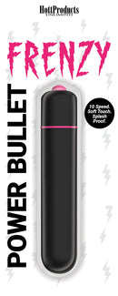 Hott Products Frenzy Power Bullet Vibrator Black packaging displaying its features, 10 speed soft touch, splash proof.