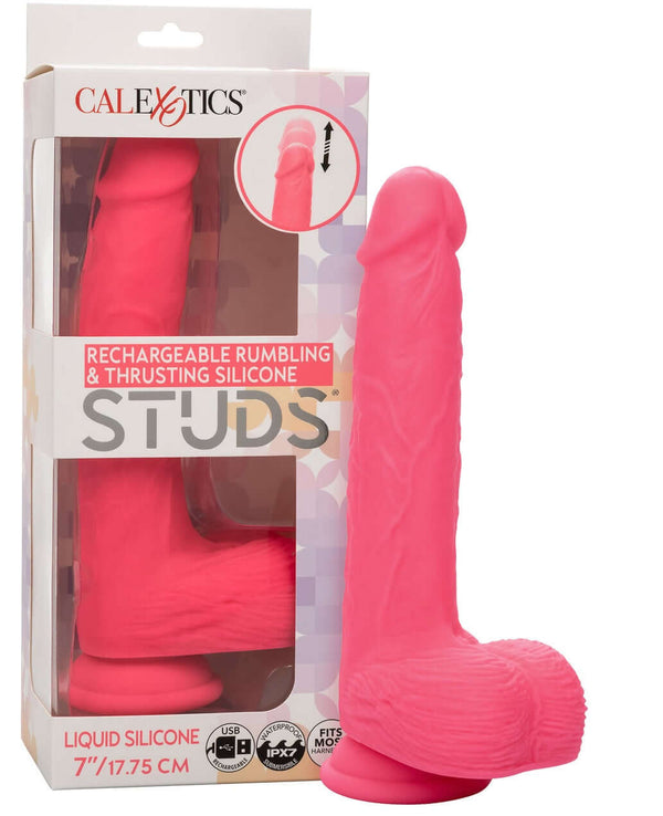 Rechargeable 7" vibrating thrusting dildo with suction base in pink with packaging