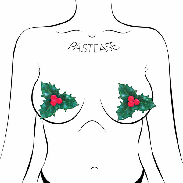 Festive green and red holly leaf nipple pasties by Pastease, featuring glittery velvet material, perfect for Christmas celebrations.
