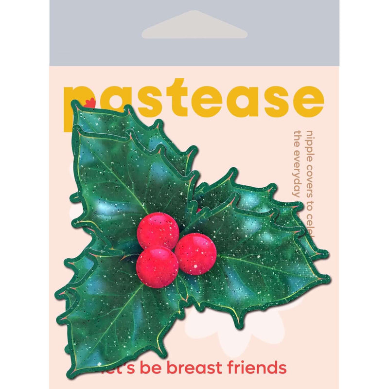 Festive holly nipple pasties with green leaves and red berries in glitter velvet by Pastease.