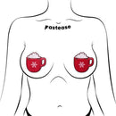 Festive hot cocoa nipple pasties with snowflake design by Pastease on torso, red cups with marshmallow foam.
