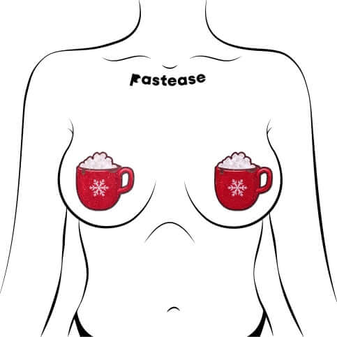 Festive hot cocoa nipple pasties with snowflake design by Pastease on torso, red cups with marshmallow foam.