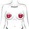 Festive hot cocoa nipple pasties with snowflake design by Pastease on torso, red cups with marshmallow foam.