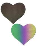 Pastease Reflective Rainbow Heart Nipple Pasties in green and rainbow colors, eye-catching heart-shaped design.
