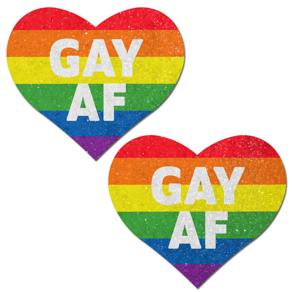 Love Rainbow "GAY AF" Glitter Velvet Heart Nipple Pasties with vibrant rainbow design by Pastease.