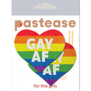 Love Rainbow "GAY AF" Glitter Velvet Heart Nipple Pasties by Pastease in vibrant colors with packaging.