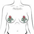 Festive mistletoe with red bow nipple pasties for Christmas by Pastease on illustrated model.