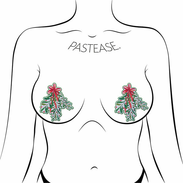 Festive mistletoe with red bow nipple pasties for Christmas by Pastease on illustrated model.