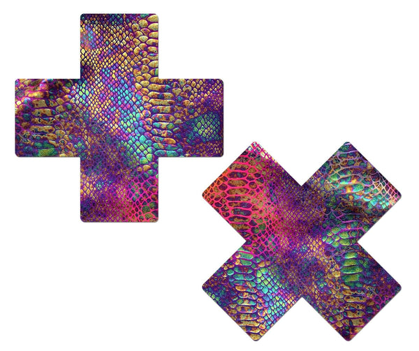 PASTEASE PLUS X NEON RAINBOW TIE DYE SNAKE PRINT CROSS NIPPLE PASTIES-0