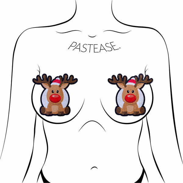 Glitter velvet Reindeer Red Nose Rudolph nipple pasties for festive holiday outfits by Pastease.