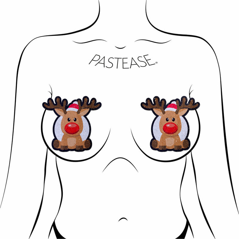 Glitter velvet Reindeer Red Nose Rudolph nipple pasties for festive holiday outfits by Pastease.