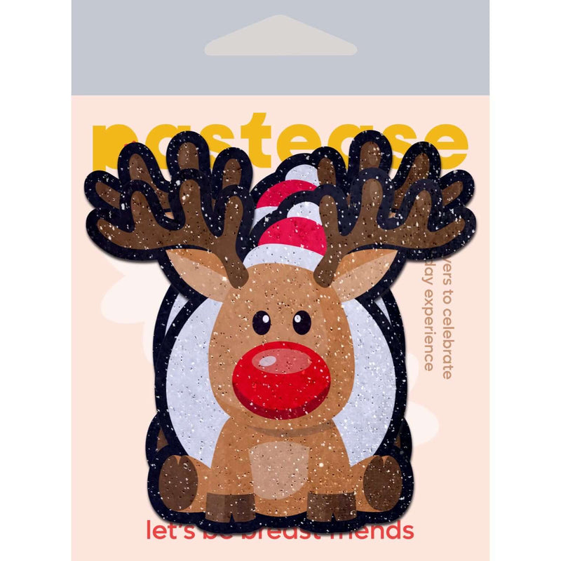 Cute reindeer pasties with red nose and antlers, festive holiday nipple pasties by Pastease in glitter velvet design.