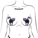 Pastease Scaredy Cat Hissing Kitty Nipple Pasties featuring playful black kitty design on a model.