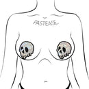 Pastease Brand Skull Melt Shattered Glass Pasties on model, showcasing bold and edgy style.