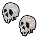 Pastease Brand Skull Melt Shattered Glass Pasties featuring shiny skull design with dripping detail and holographic effect.
