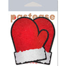 "Red and white glitter velvet Santa mittens nipple pasties by Pastease, festive holiday nipple covers"