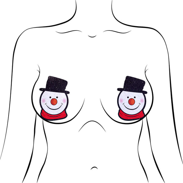 Festive snowman nipple pasties with cheerful design and top hats by Pastease, perfect for adding holiday cheer to winter outfits.
