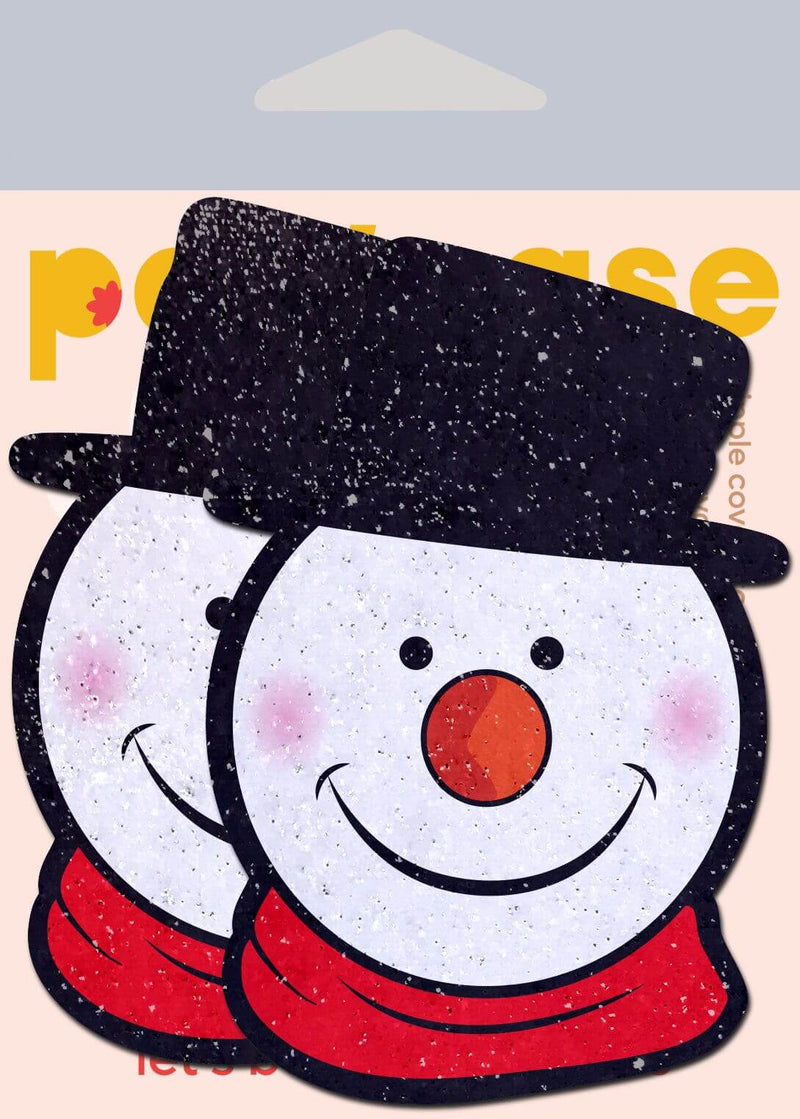 Festive snowman nipple pasties with top hat and red scarf by Pastease, perfect for holiday outfits.