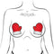 Red and white Santa mitten-shaped nipple pasties from Pastease on a sketched figure, featuring festive glitter velvet material.