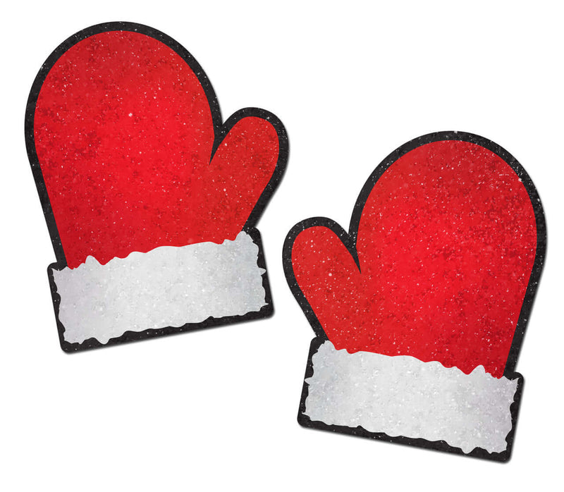 Red and white glitter Santa mittens nipple pasties by Pastease, festive velvet holiday accessories.