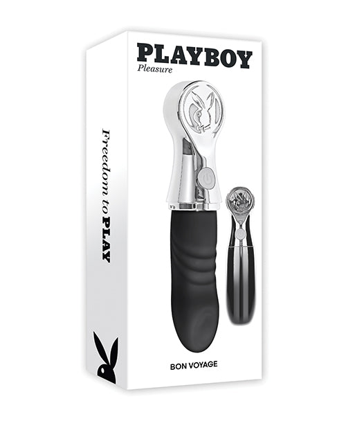 Playboy Bon Voyage Rechargeable Silicone Vibrator in packaging showcasing its sleek design and features.