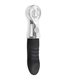 Playboy Bon Voyage Rechargeable Silicone Vibrator in silver and black, compact design for travel-friendly pleasure.
