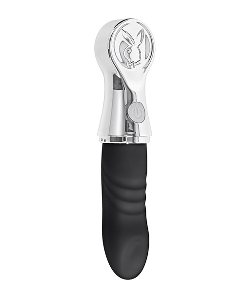 Playboy Bon Voyage Rechargeable Silicone Vibrator in silver and black, compact design for travel-friendly pleasure.