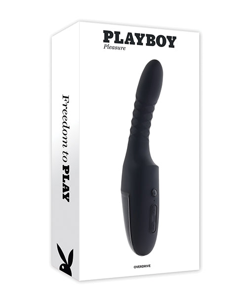 Playboy Overdrive Silicone Heating Vibrator Black packaging with bold design and features for ultimate pleasure.