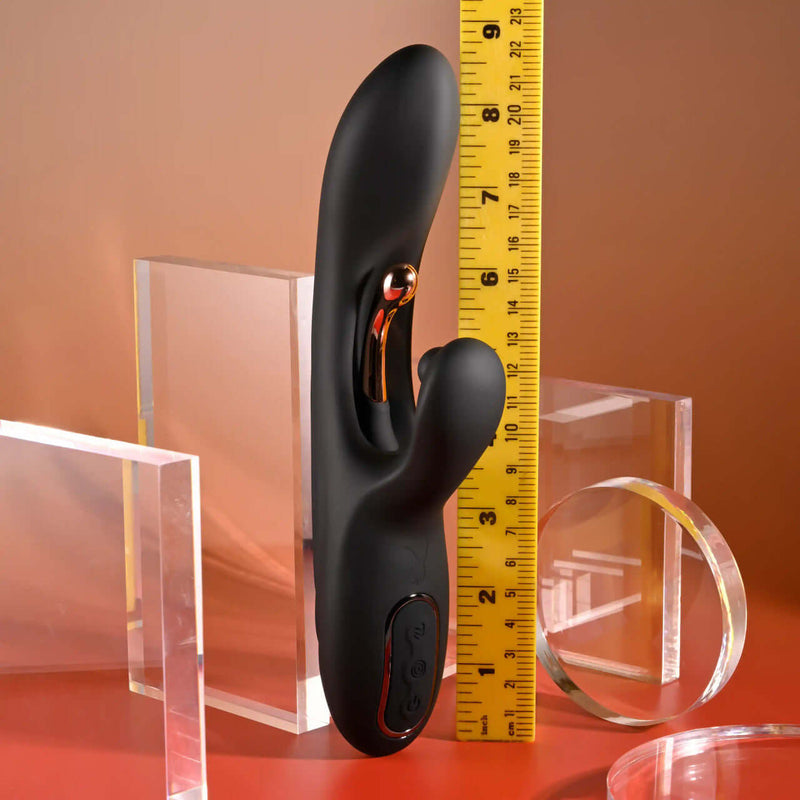 Playboy Aureus black silicone triple motor vibrator with remote, curved design for G-Spot stimulation, and rose gold accents.