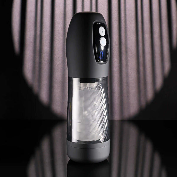 Playboy Whirlwind Stroker with Turbo Mode, a thrusting and spinning masturbator showcasing its sleek design against a dramatic backdrop.