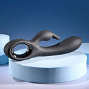 Playboy Late Night Bunny rechargeable silicone dual vibrator in sleek black on soft blue background.