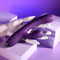 Playboy New Crush rechargeable dual vibrator in purple, featuring two flexible shafts and a sleek design on a hand.