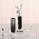 Playboy Bunny on the Go Rabbit Head Mini Vibrator Black resting on a display base with sleek design and shiny details.