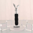 Playboy Bunny on the Go Rabbit Head Mini Vibrator Black displayed on a clear pedestal with Playboy logo.