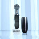 Playboy Bon Voyage Rechargeable Silicone Vibrator in sleek design with storage case on a reflective surface.