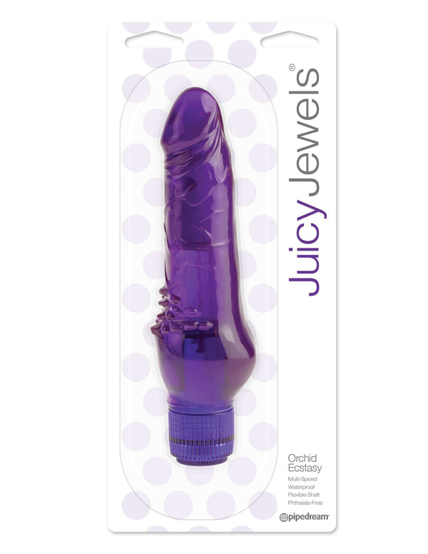 Juicy Jewels Orchid Ecstasy Purple Realistic Vibrating Dildo, waterproof and multi-speed, in packaging.