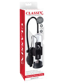 Classix Vibrating Power Penis Pump packaging showing adjustable vibration settings for enhanced male pleasure.