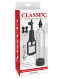 Classix Large Penis Enlargement Pump Clear packaging featuring pump design, powerful suction, and enhancement ring.