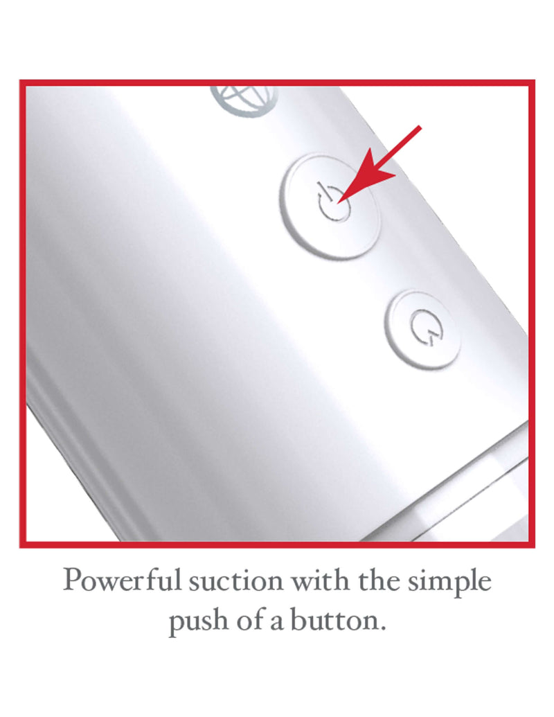 "Close-up of Classix Auto Vac Power Pump button for hands-free operation and powerful suction in white."