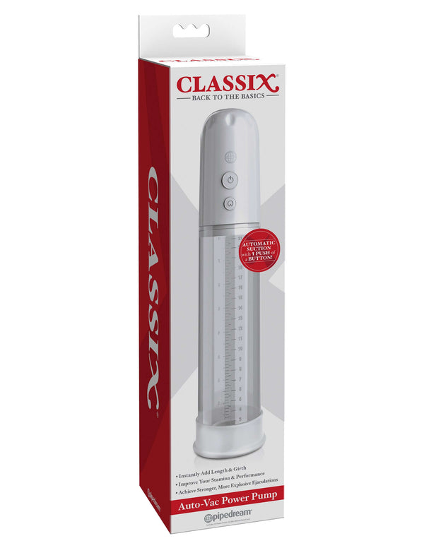 White Classix Auto Vac Power Pump packaging showing automated penis pump for hands-free use by Pipedream Products.