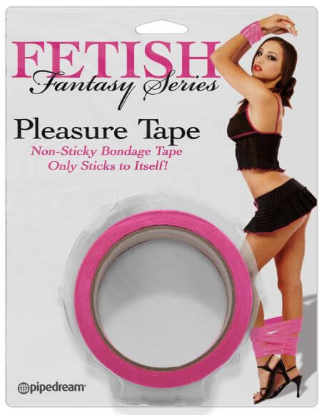 Fetish Fantasy Pleasure Tape packaging with pink non-sticky bondage tape and model demonstrating use for bedroom roleplay.