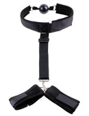 Fetish Fantasy Series Gag & Wrist Restraint Black featuring a ball gag and adjustable wrist straps for bondage.