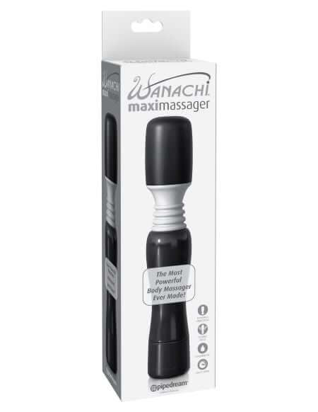 Maxi Wanachi Black Massager in packaging by Pipedream Products, showcasing its powerful and cordless design for muscle relief.