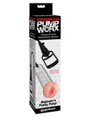 Pump Worx Beginners Pussy Pump packaging featuring dual-function vacuum device with soft sleeve for pleasure.
