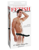 Fetish Fantasy Series 8 inches Hollow Strap On Black packaging showcasing adjustable harness and hollow dildo.