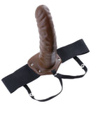 Fetish Fantasy Series 8 inches Hollow Strap On Brown displayed on a black strap harness for enhancing intimate experiences.