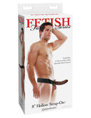 Fetish Fantasy Series 8 inches Hollow Strap On Brown packaging displayed with adjustable harness and hollow dildo.