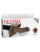 Fetish Fantasy 7 inches Hollow Strap On with Balls Brown packaging featuring a realistic design and adjustable strap.